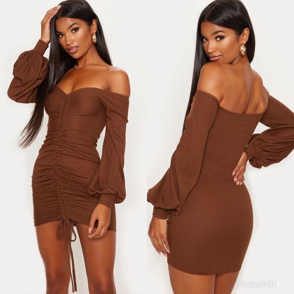 Prettylittlething Brown Ruched Off The Shoulder Drawstring Mini Dress - Picture 1 of 9